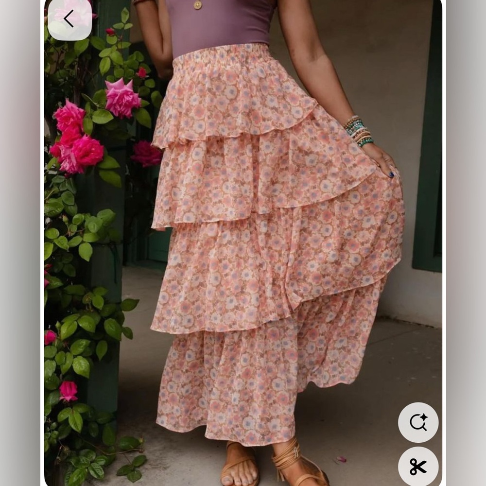 Three Bird Nest Floral Ruffled Maxi Skirt in soft Pink
